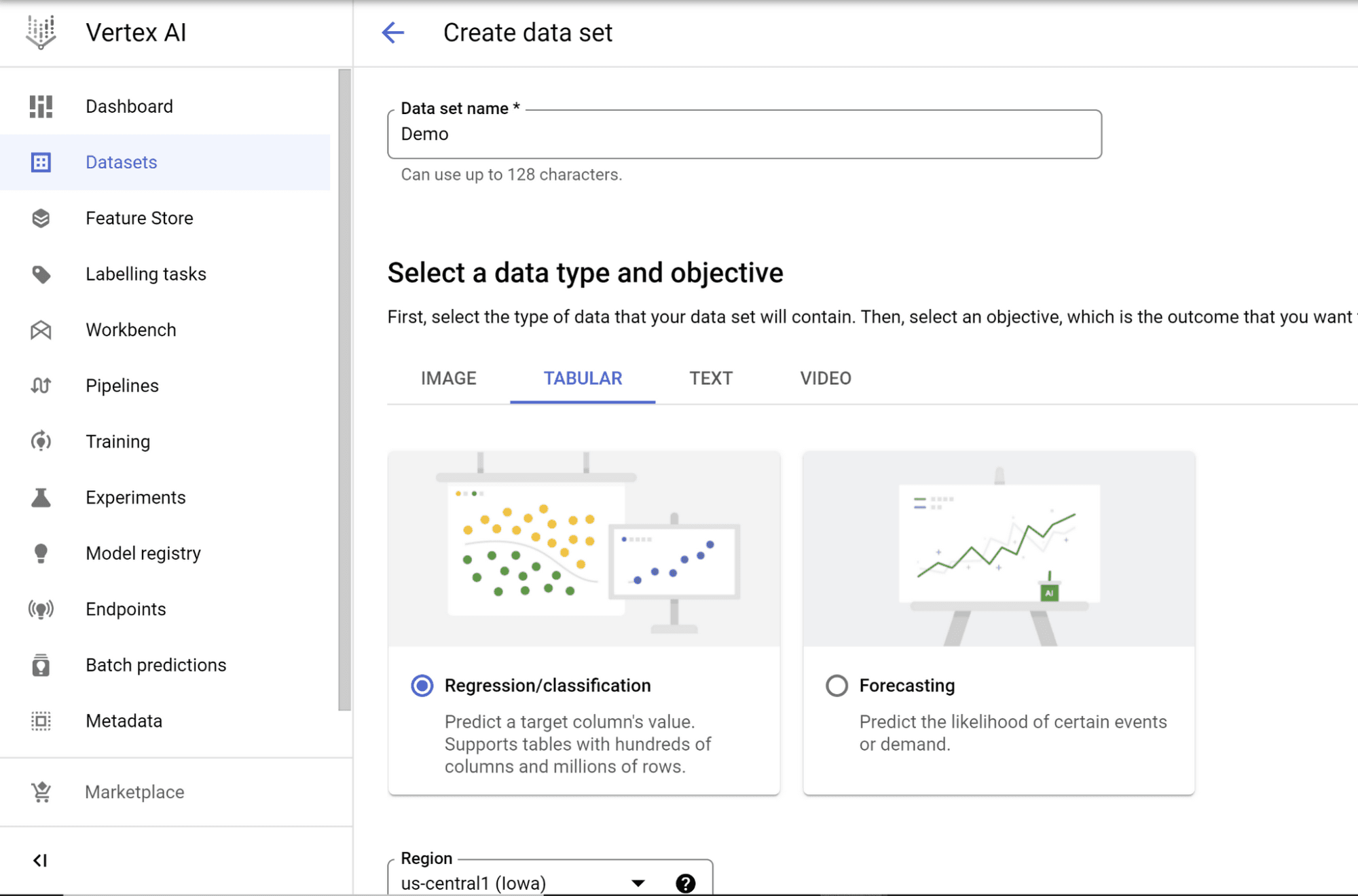 Captura de tela da página "Criar conjunto de dados" da Vertex AI