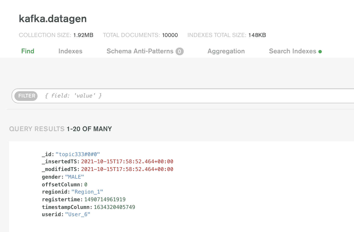 Figure 1: Datagen collection as seen in MongoDB Atlas Collections page