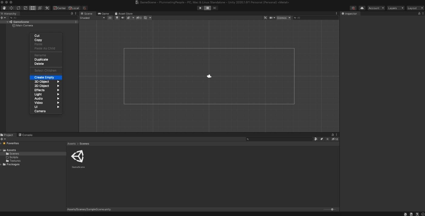 Criar objeto de jogo vazio no Unity