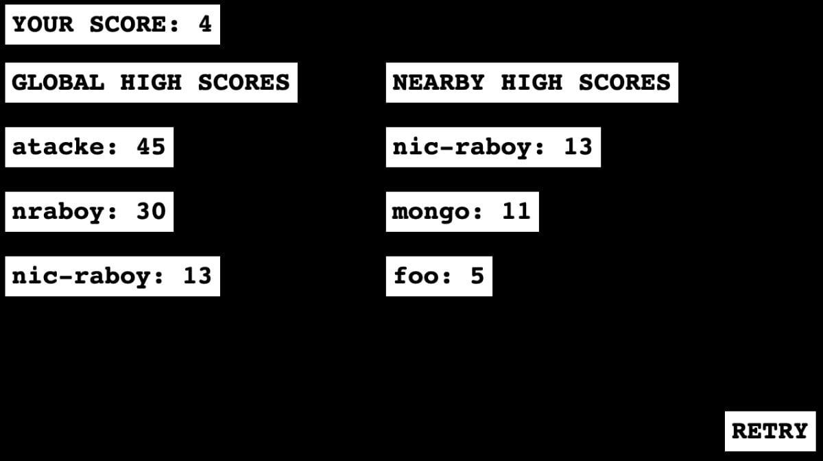 Exemplo de tabela de classificação do Phaser com MongoDB, cena de Game Over