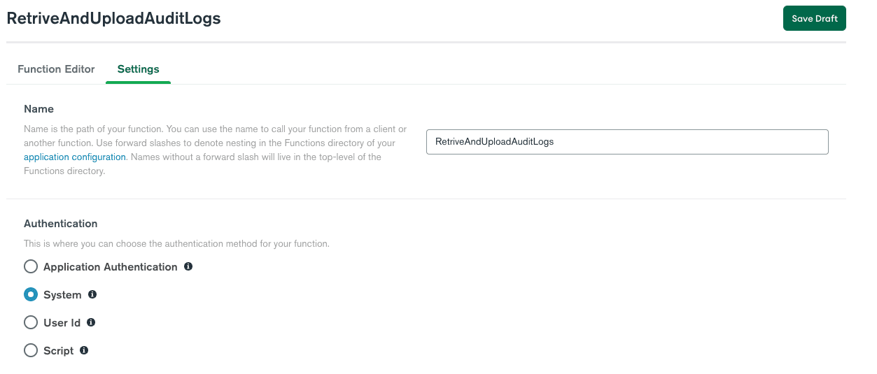 Naming and Choosing Authentication Options for an Atlas Function