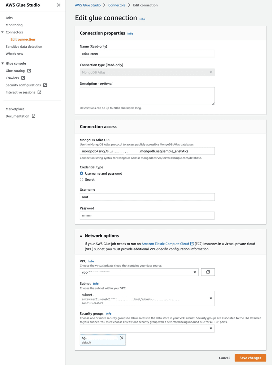 Image 4: Create Glue connection for MongoDB Atlas