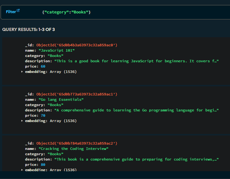 List of inserted books in MongoDB Atlas UI