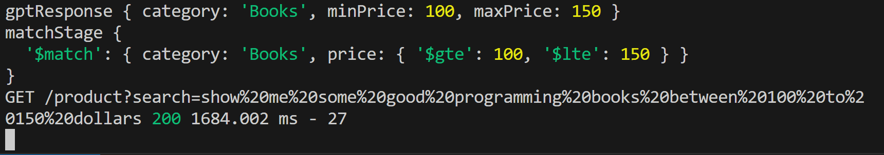 console logs of GPT response and match query