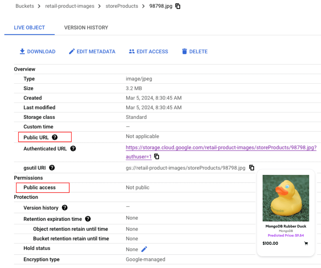 The metadata that comprises the bucket file, such as: type, size, creation date, and more