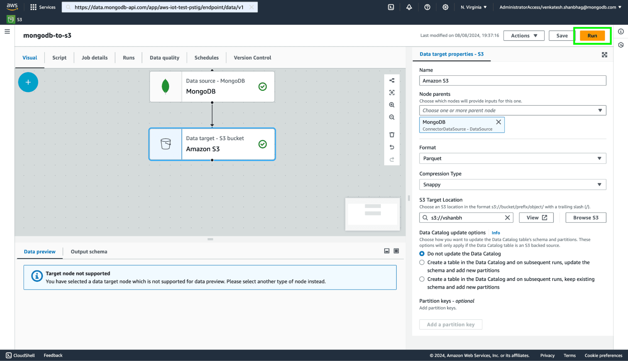 Image 11: Run ETL job to move data between MongoDB Atlas and AWS S3