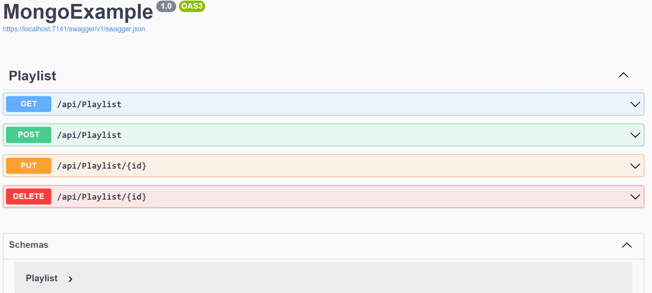 Swagger page listing the CRUD endpoints from Playlist Controller