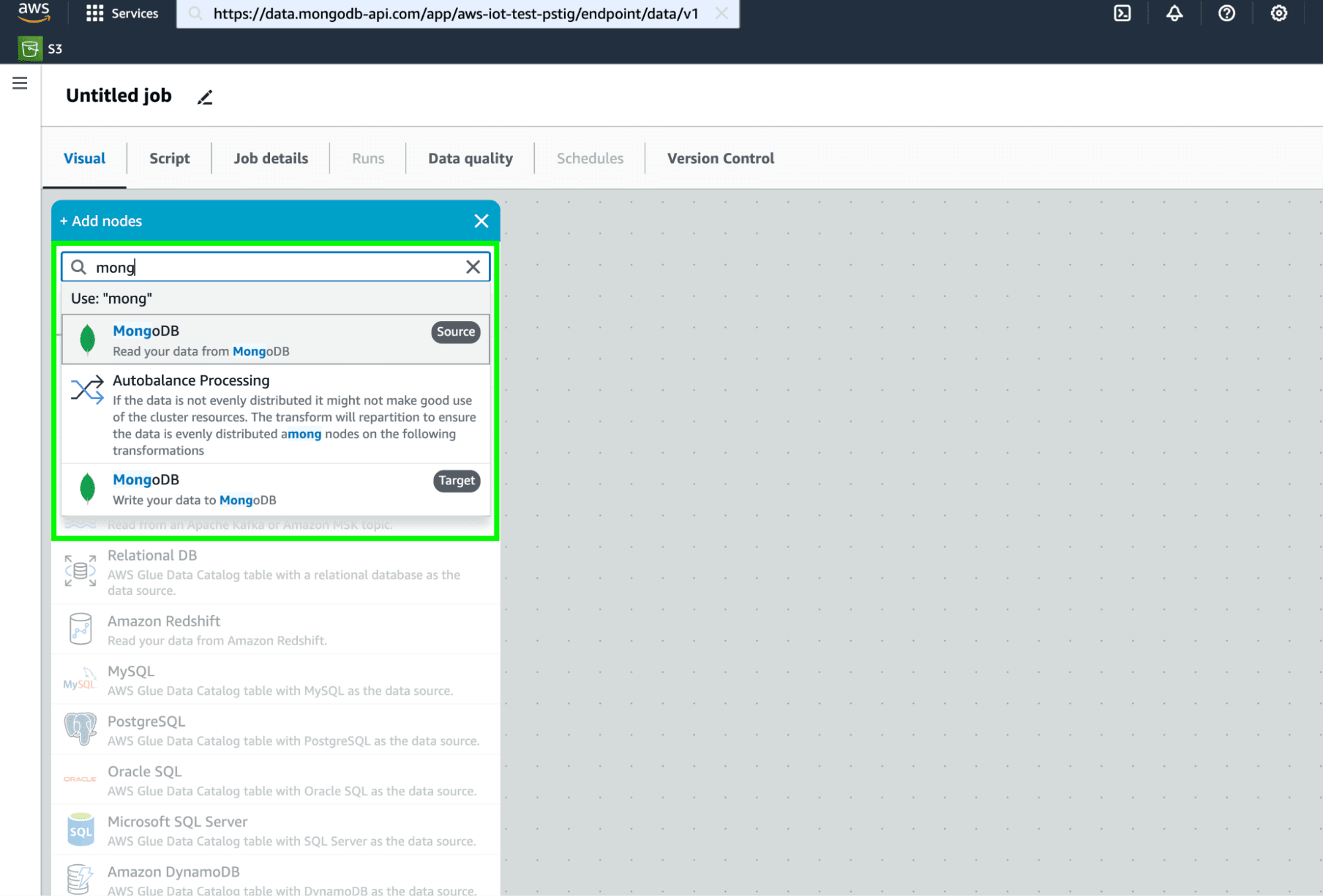 Image 7: MongoDB connector on AWS Glue visual ETL