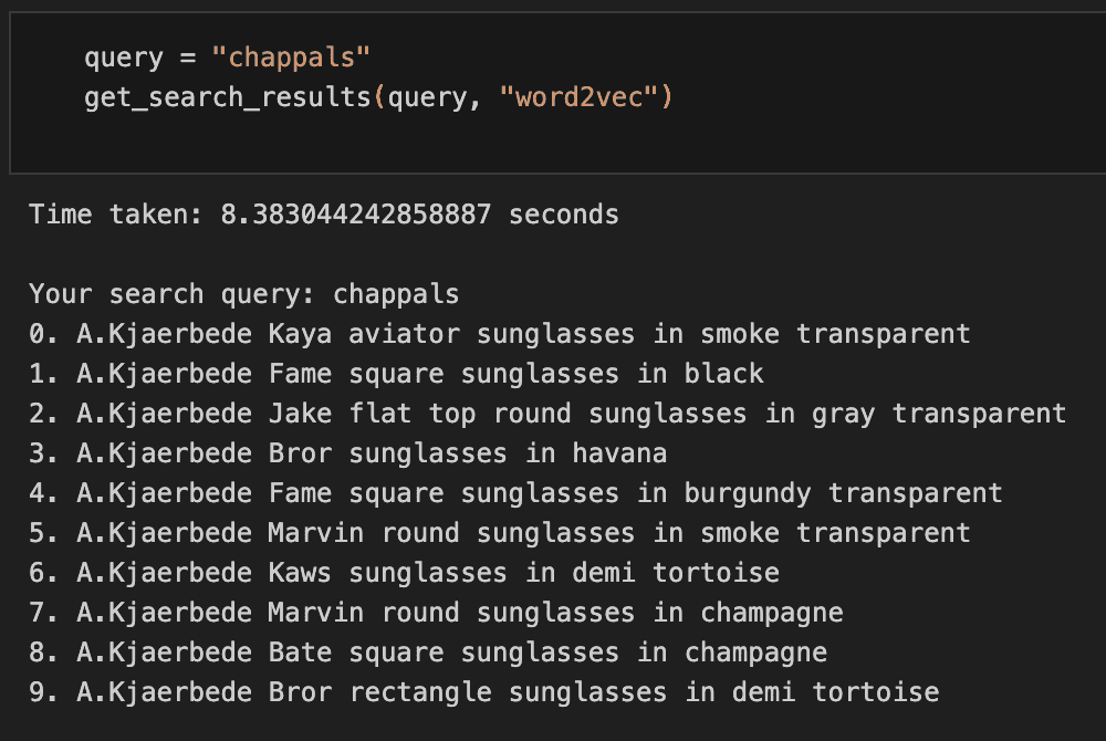 Word2Vec results on “chappals” query