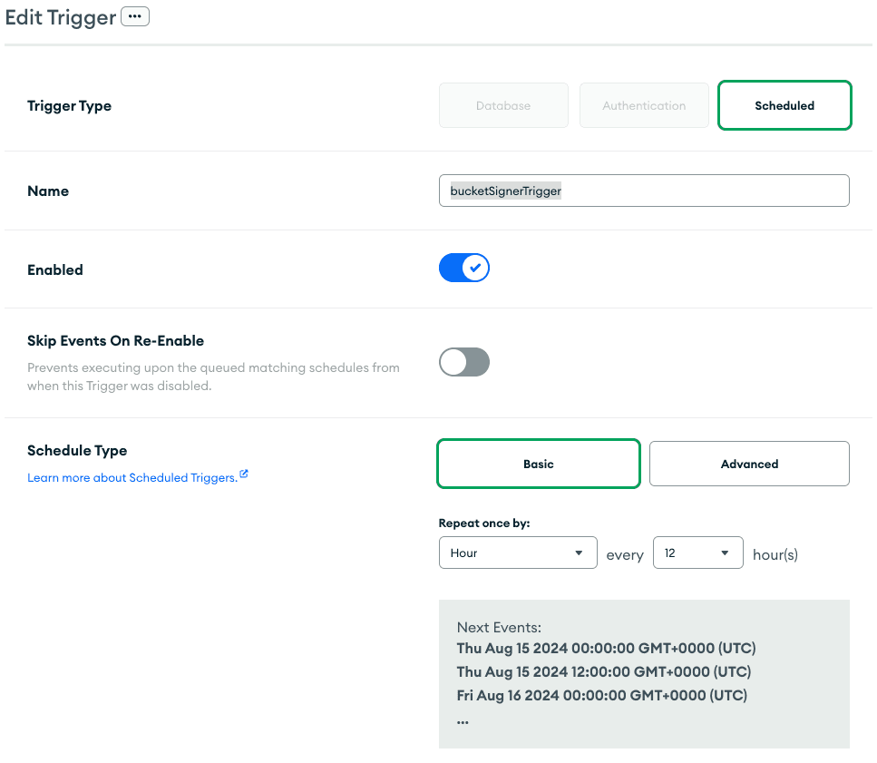 A creation form with “Trigger Type” set to “scheduled,”  “scheduled Type” set to “basic,” and “Report once by” set to “Hour every 12 hours”