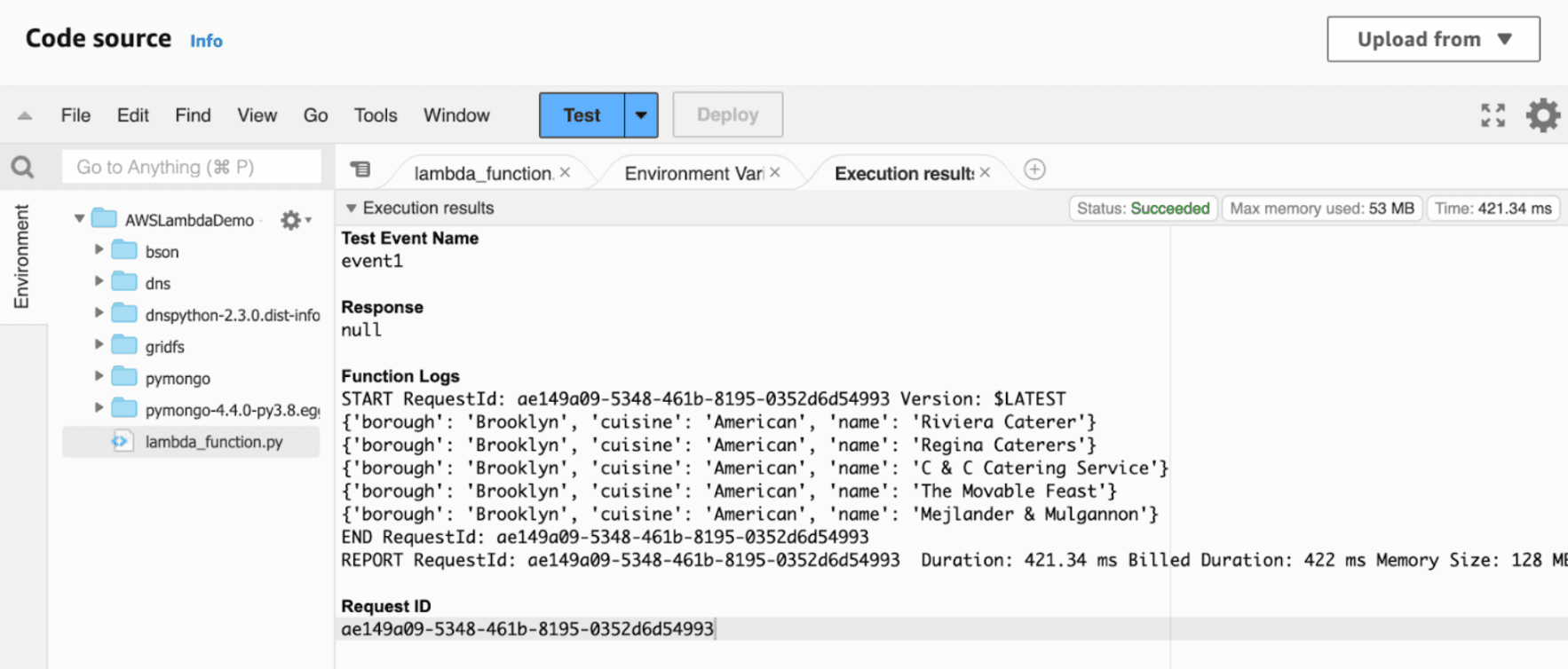 results from our aggregation pipeline shown in AWS Lambda