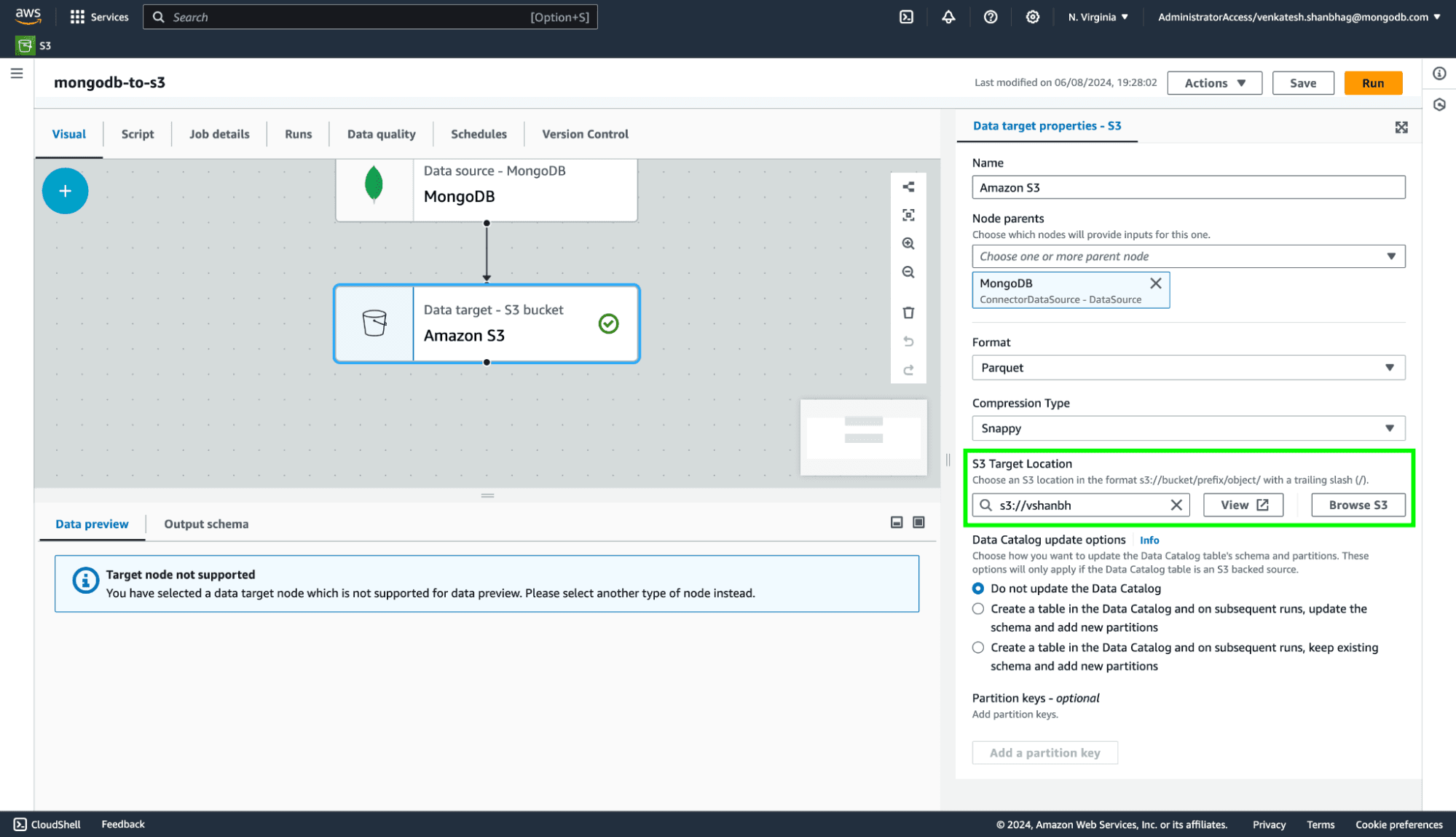 Image 10:  Configuring S3 bucket connection AWS Glue Visual ETL