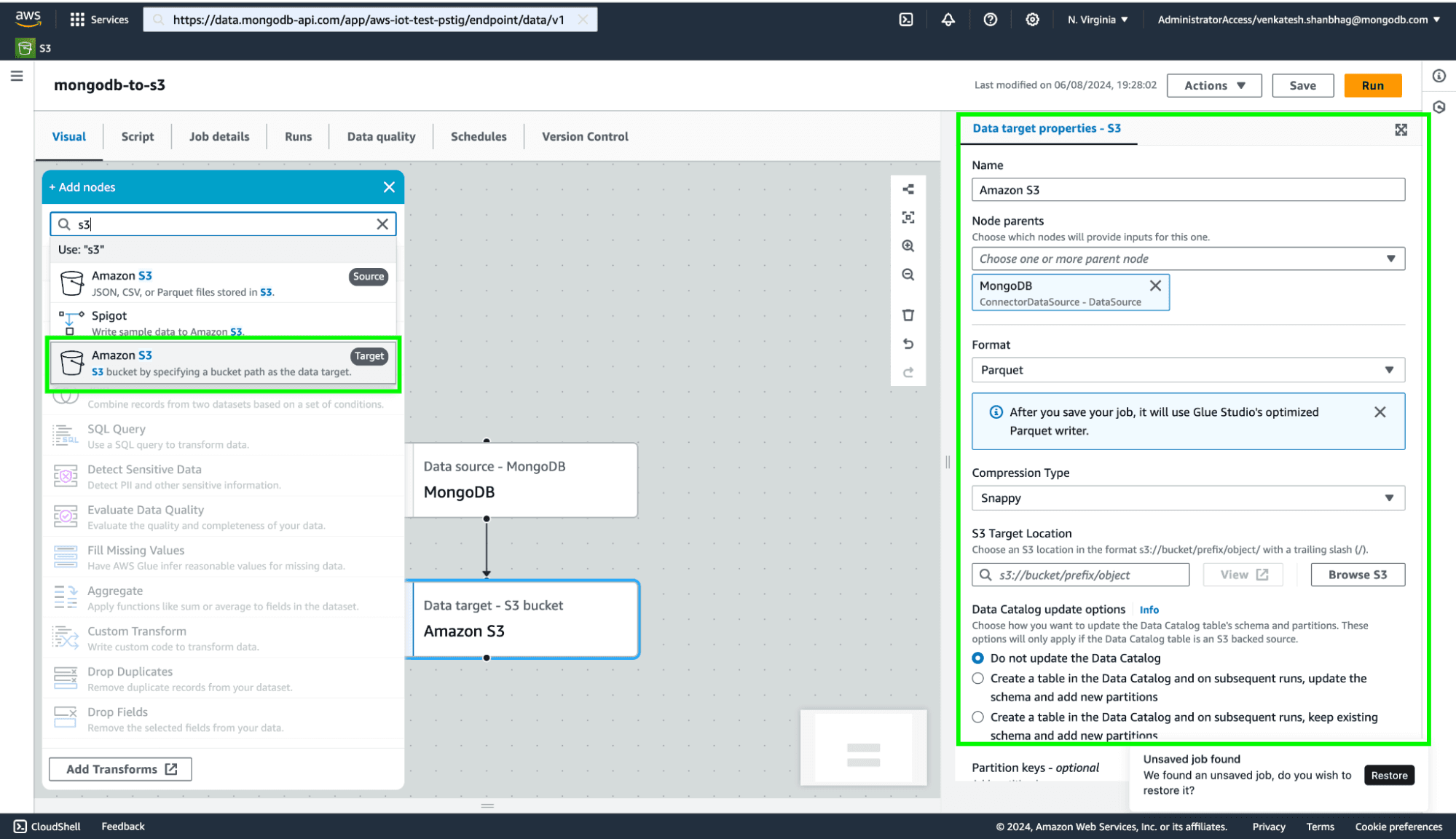 Image 9: Configuring S3 bucket connection AWS Glue Visual ETL