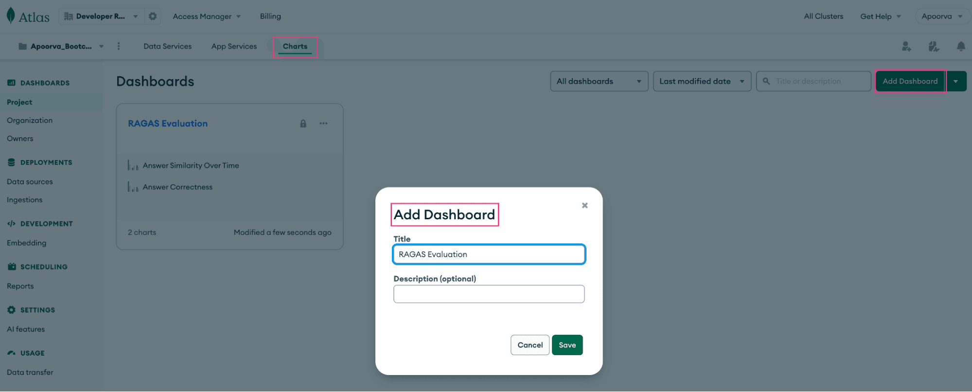 Creating a dashboard in Atlas Charts