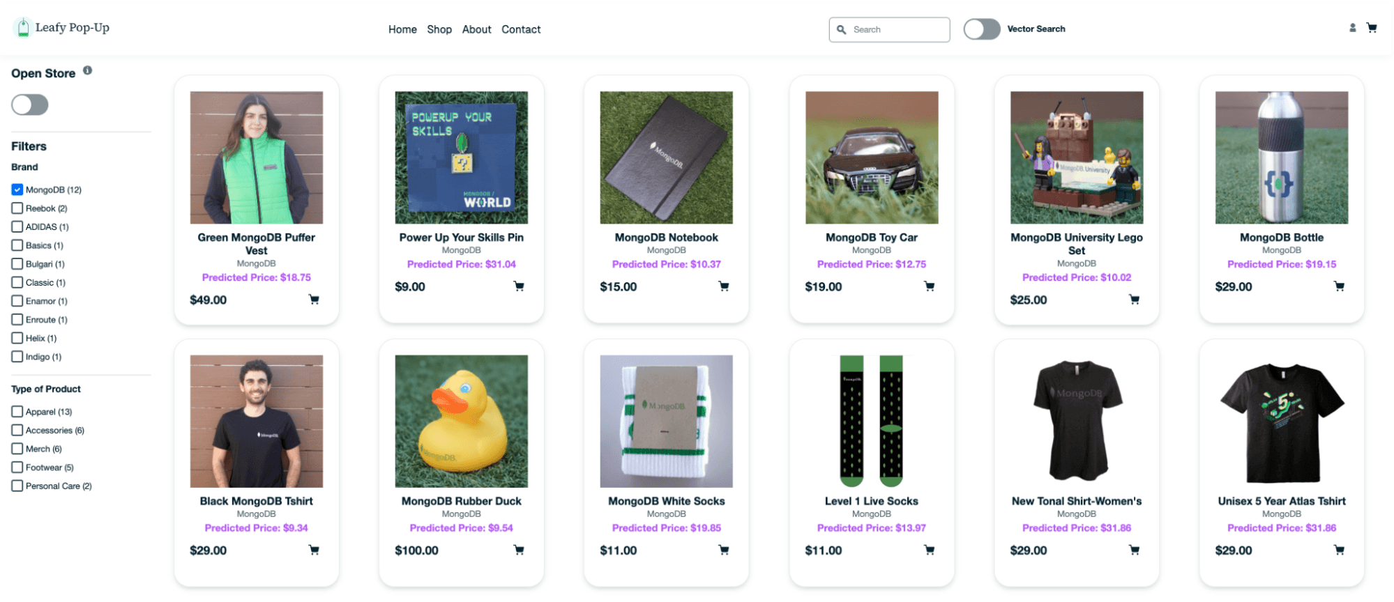 This is an e-commerce portal showing a list of MongoDB merchandise products