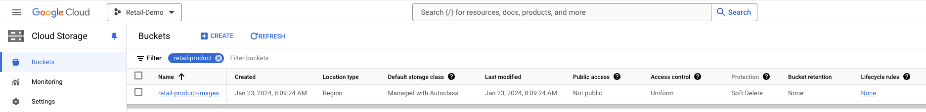 Google Cloud Storage with one bucket inside named retail-product-images