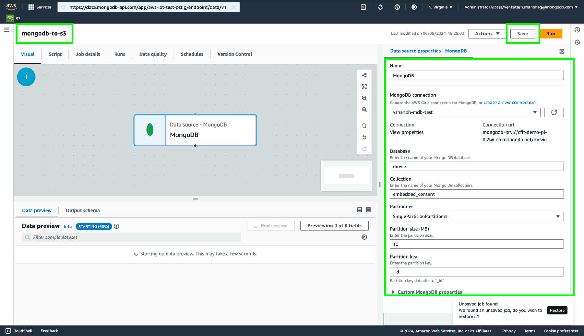 Image 8: Configuring the connector on AWS Glue Visual ETL