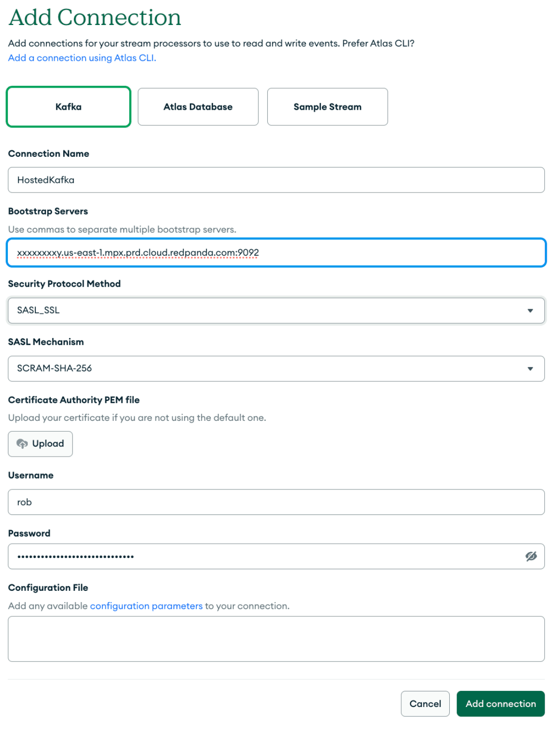 Connecting to an Apache Kafka data source from the Stream Processing interface in Atlas.