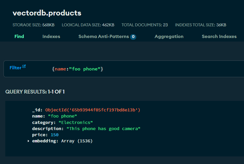 screenshot of created data from MongoDB Atlas