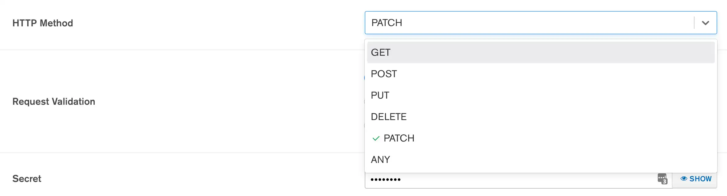 The HTTP method dropdown input in the UI