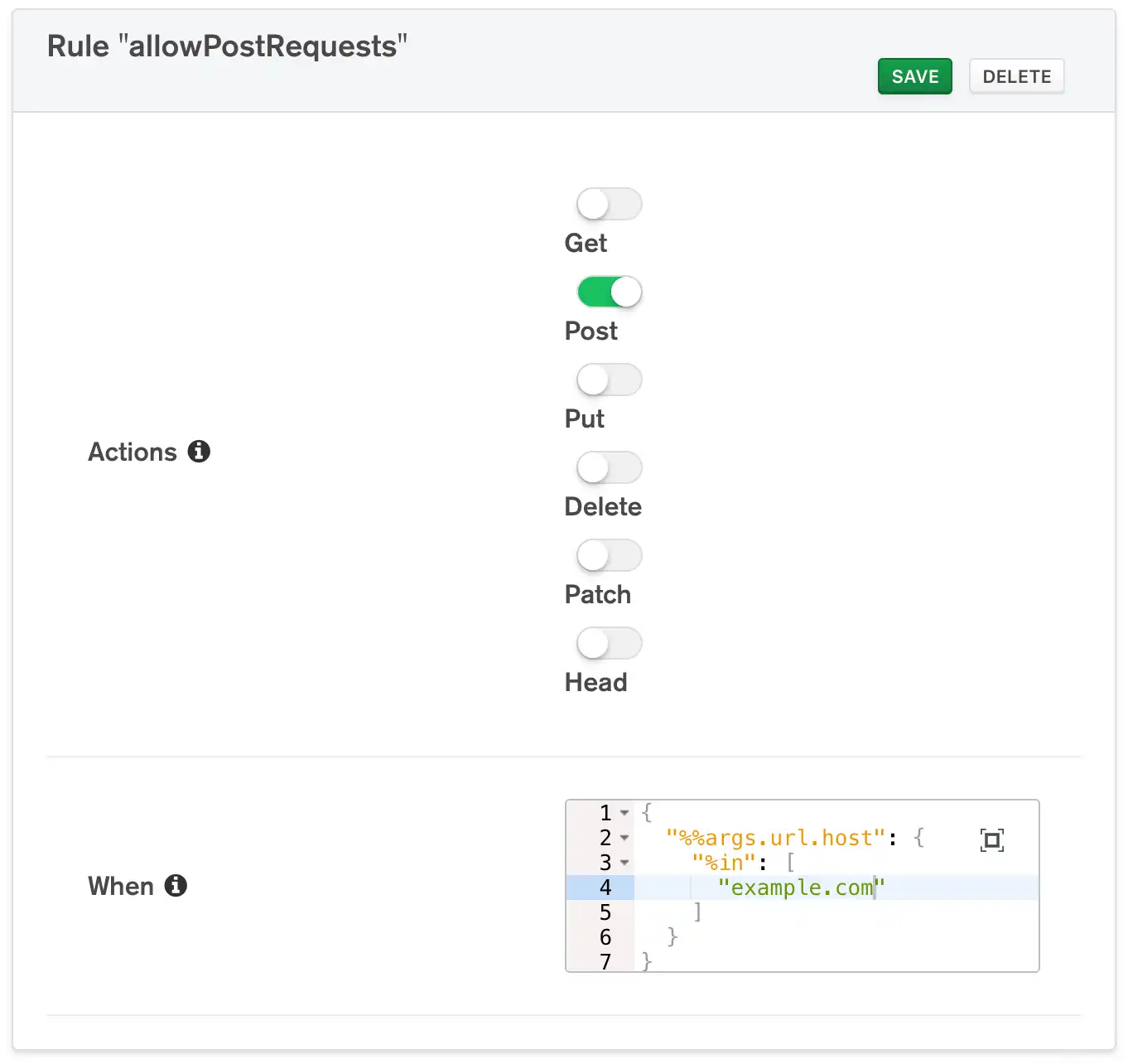 An example rule configuration for the HTTP service in the UI