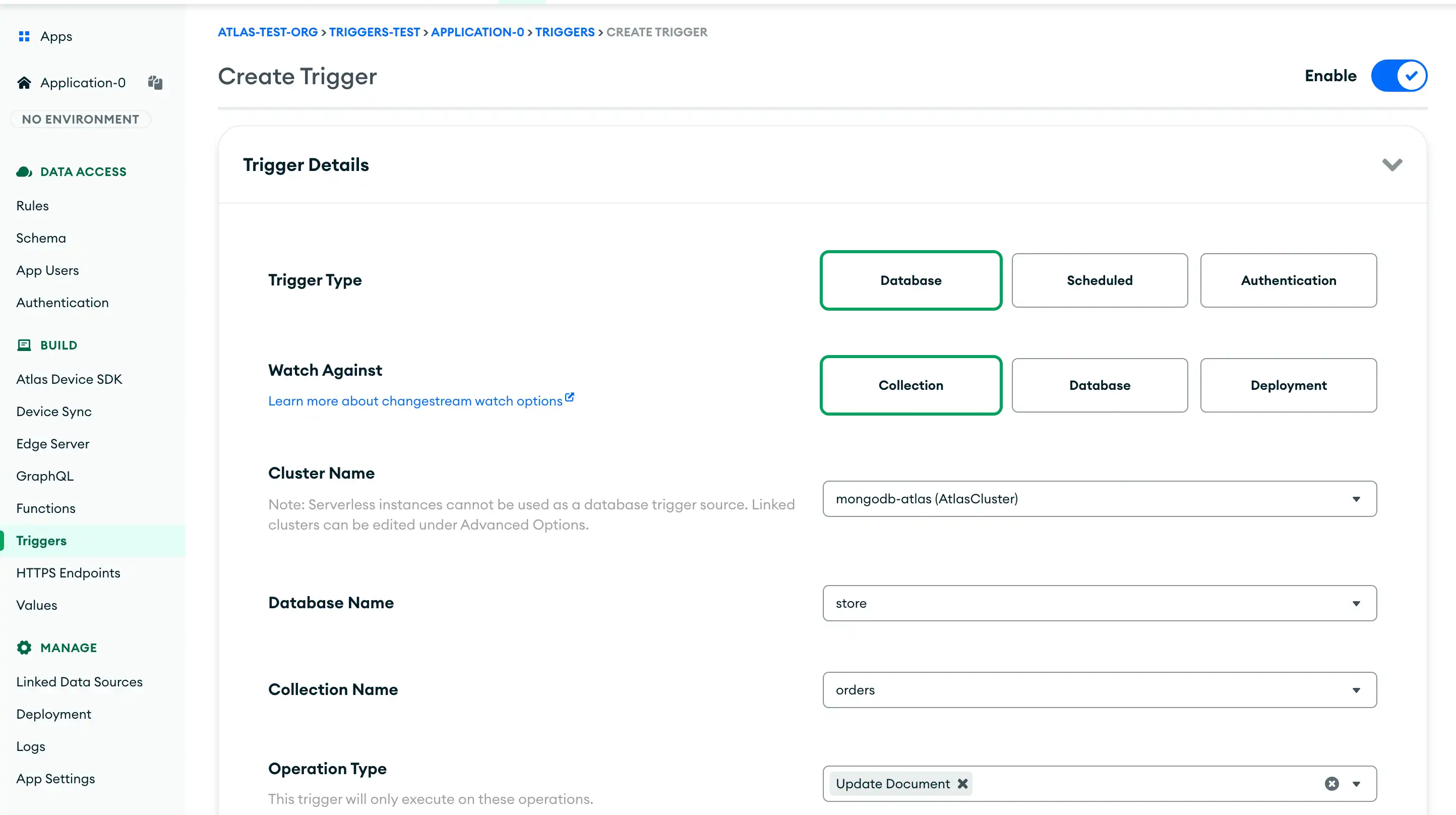 Example UI that configures the trigger