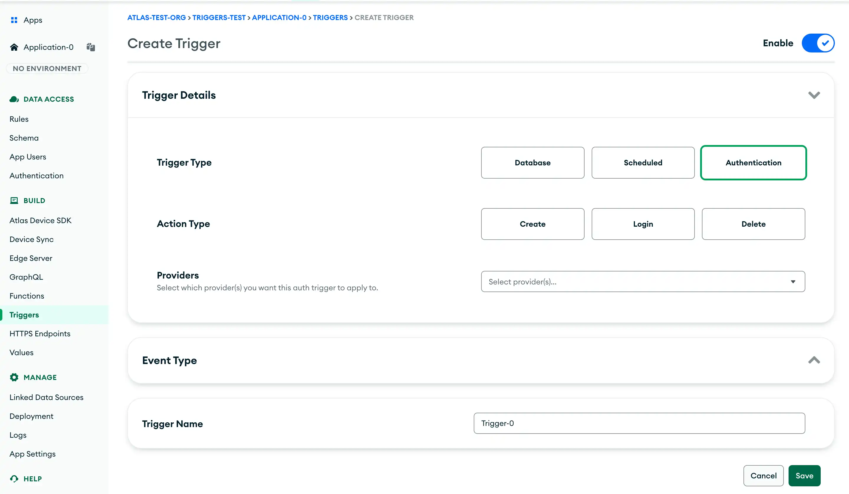 An example of a configured authentication trigger in the UI