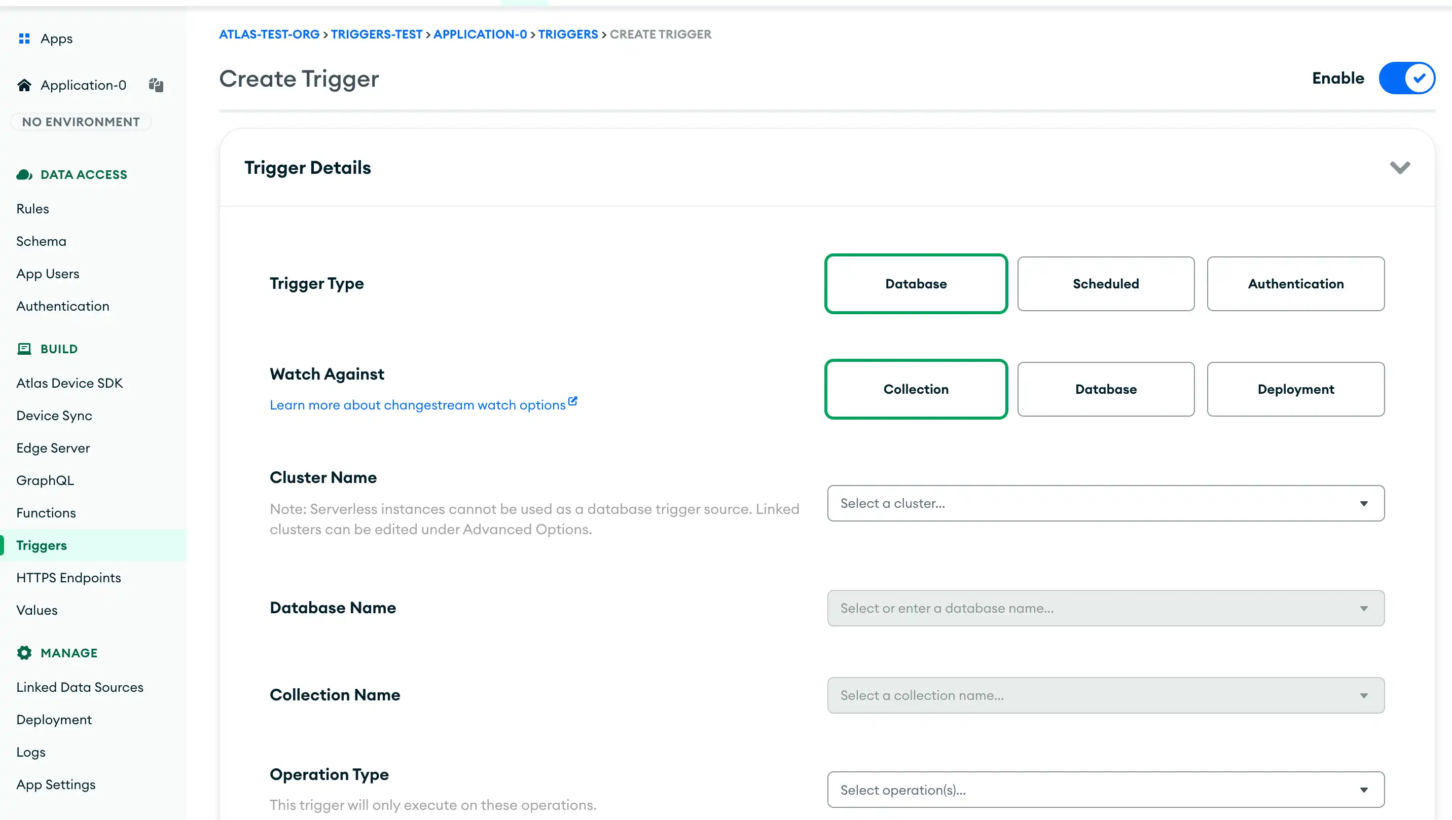 Example UI that configures the trigger