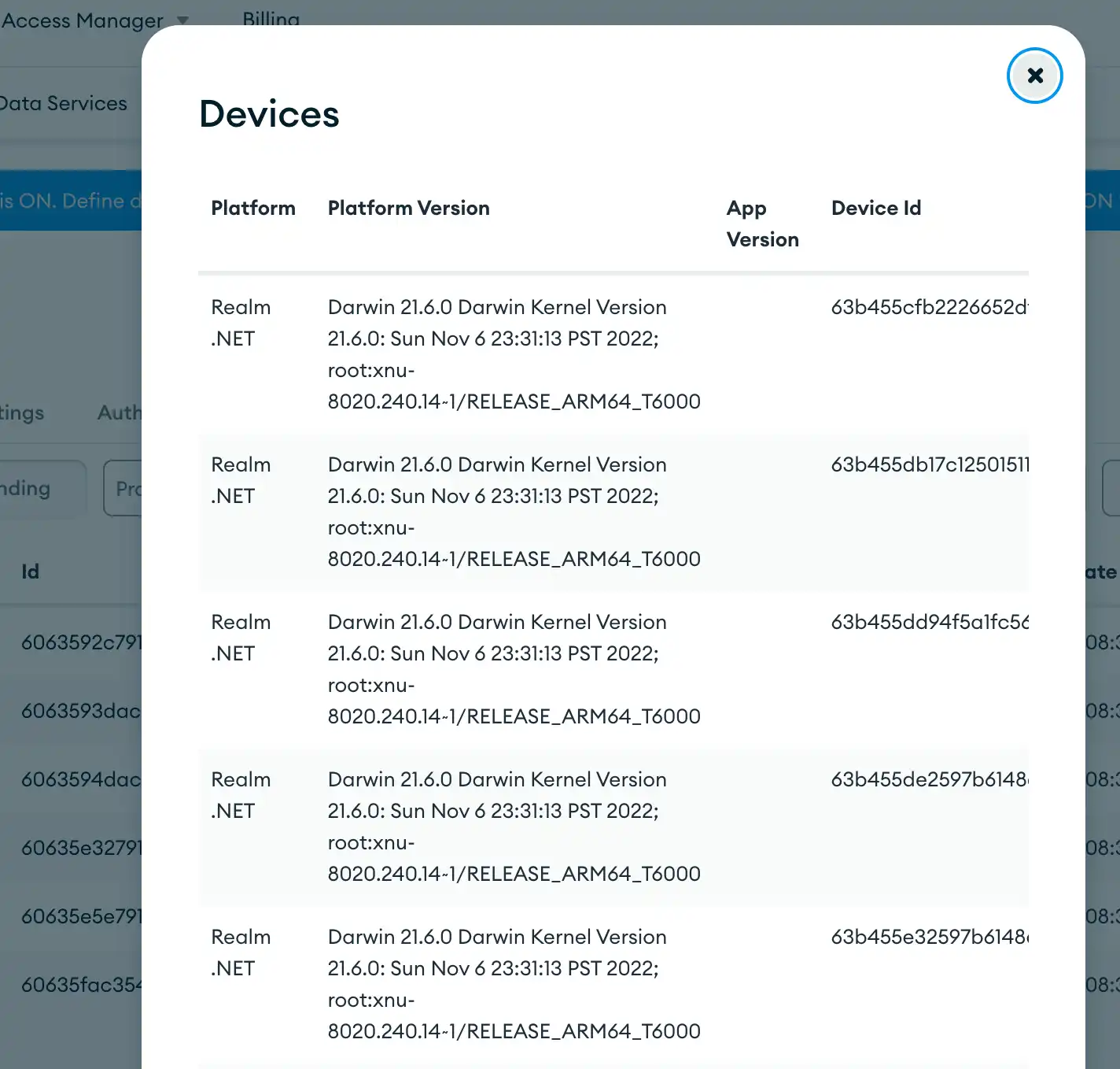 A detail view for a specific user that lists devices they've used with your app