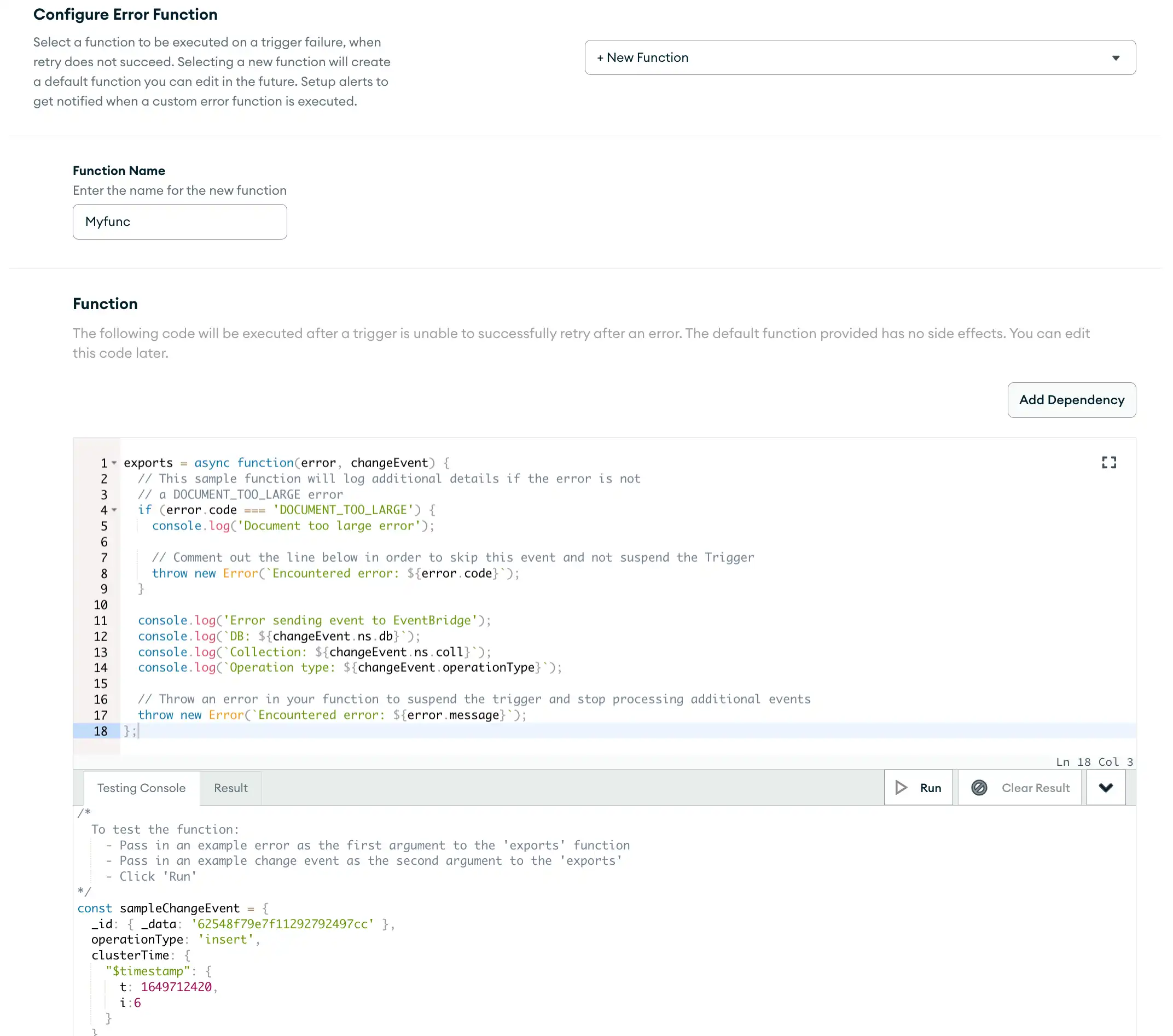 The EventBridge custom error handling configuration in the UI.