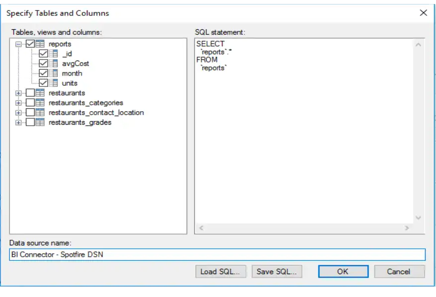 Screenshot of the Spotfire Specify Tables dialog