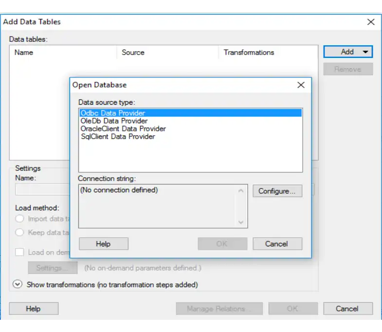 Screenshot of the Spotfire Open Database dialog