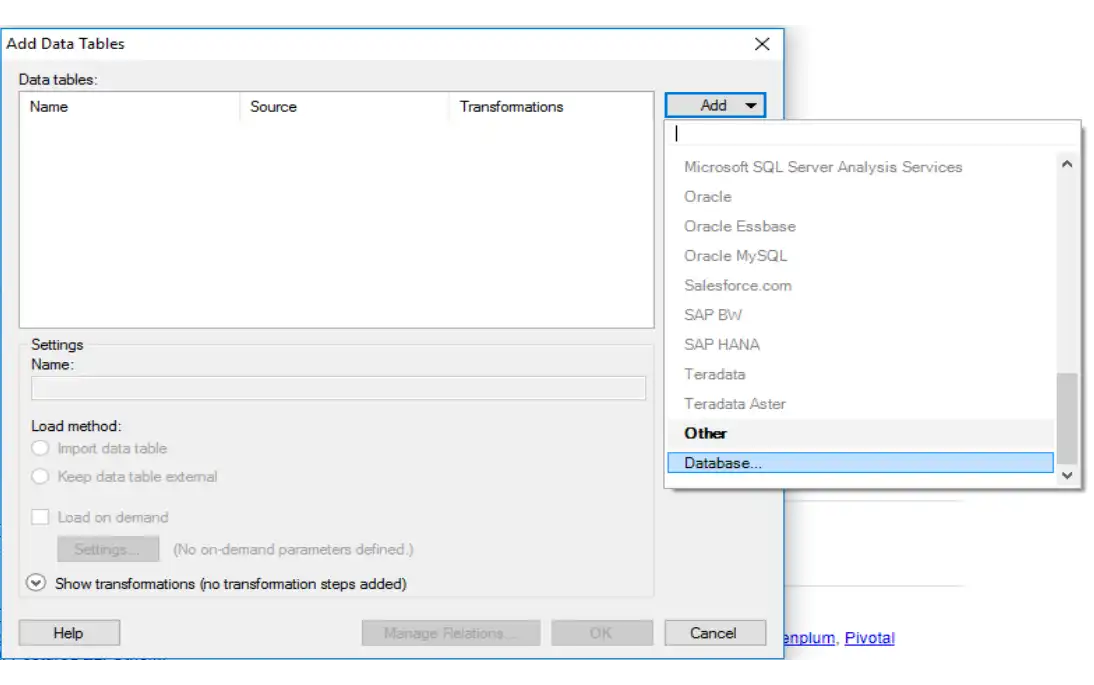 Screenshot of the Spotfire Add Data Tables dialog