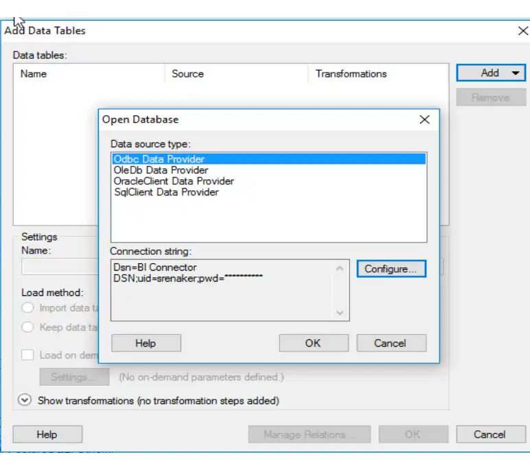 Screenshot of the Spotfire Open Database dialog