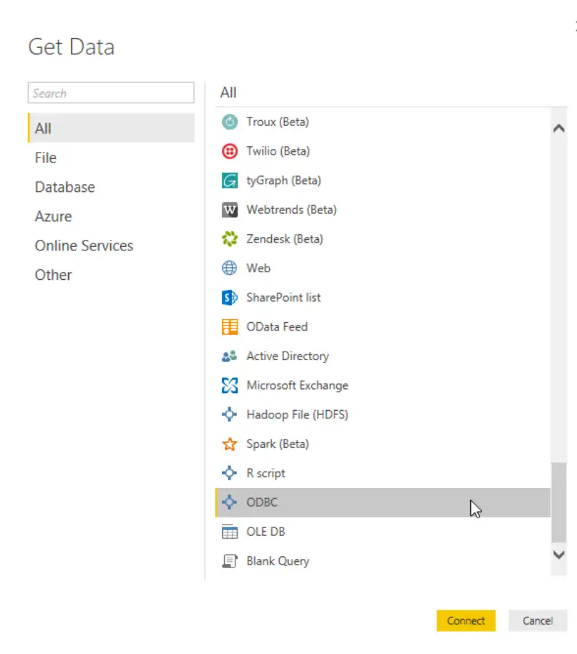 Screenshot of Power BI list of data sources