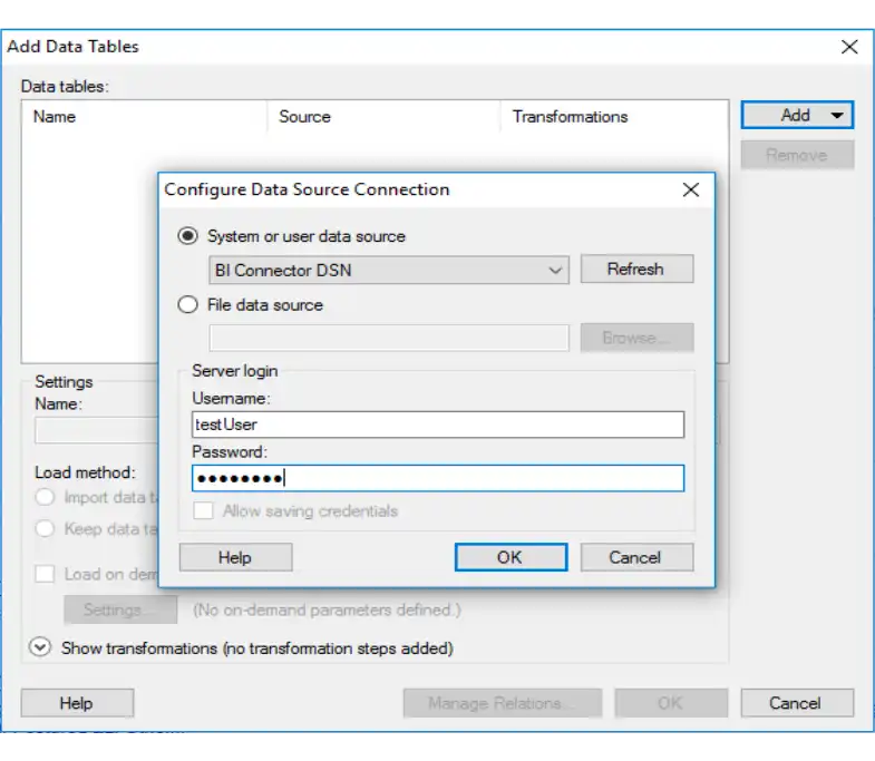 Screenshot of the Spotfire Configure Data dialog