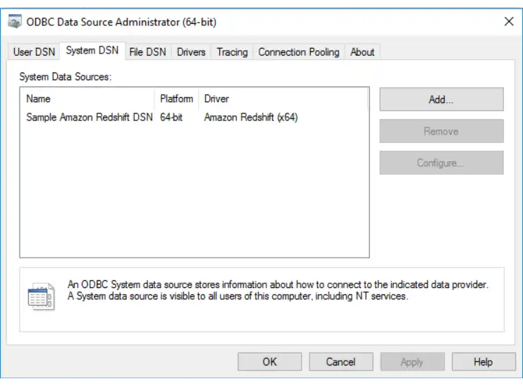 Screenshot of the Windows ODBC Administrator application