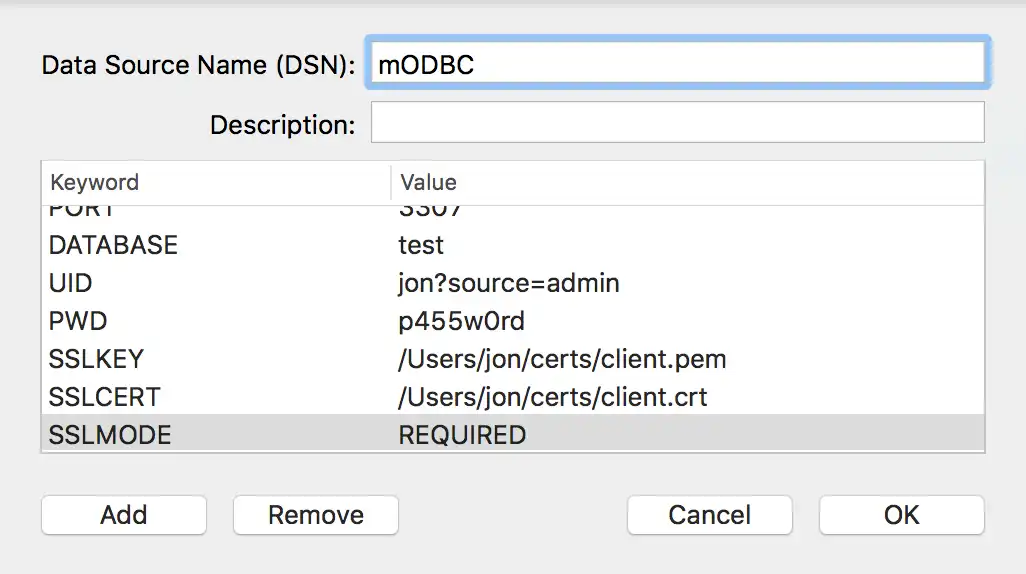 ODBC Manager DSN configuration