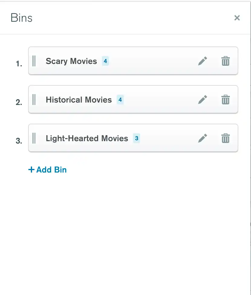 Example bin grouping movie categories