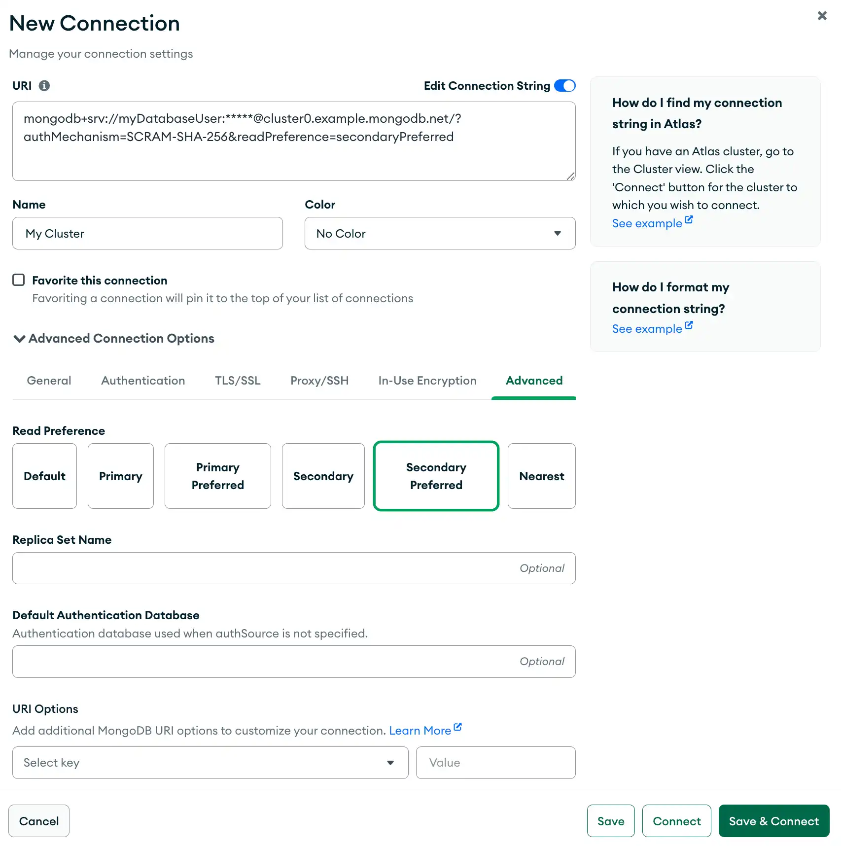 Screenshot of Compass configured to connect with read preference of secondary preferred