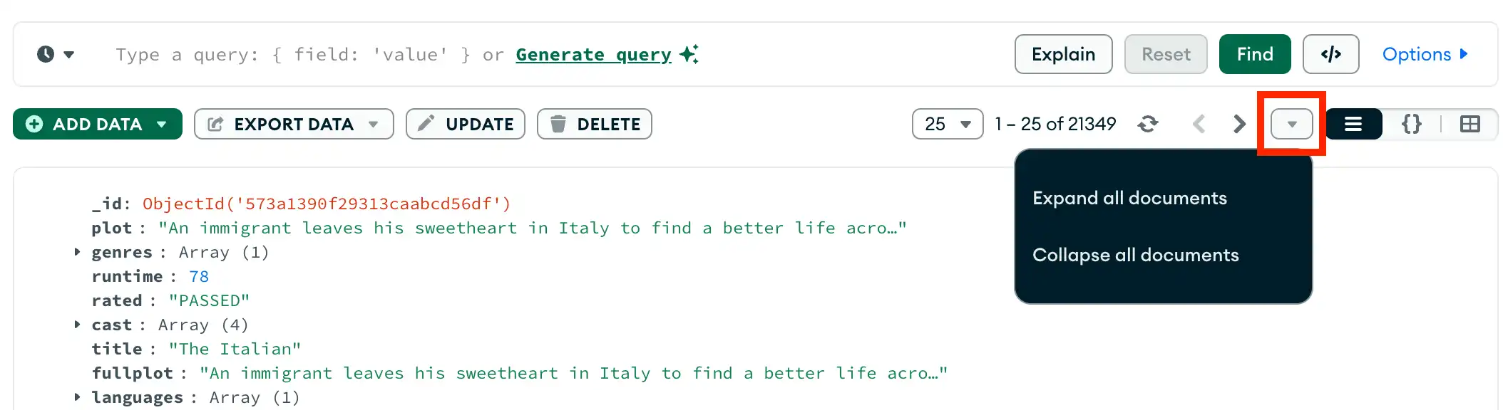 Drop-down menu to expand documents