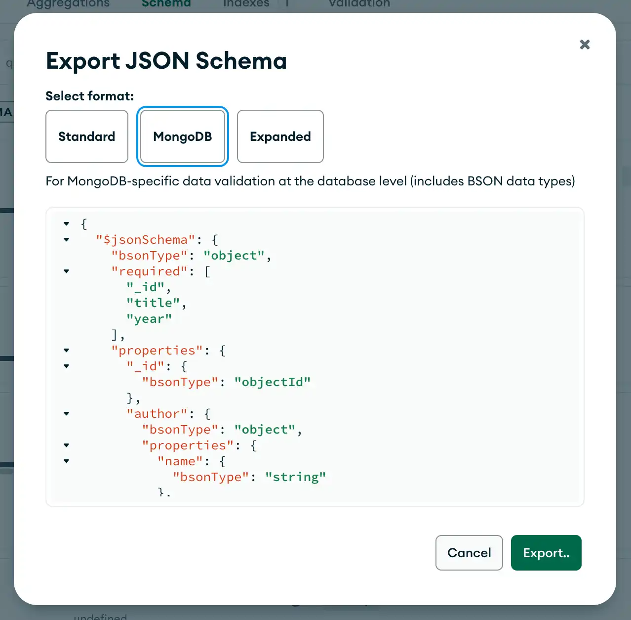 Export JSON Schema modal