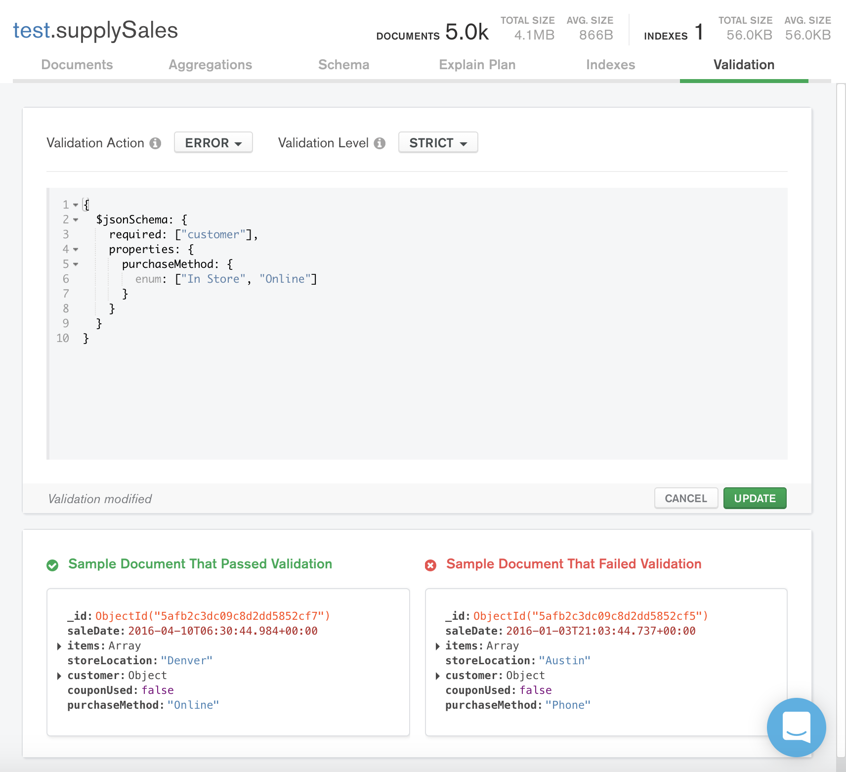 Object validation. MONGODB Compass. Oneof json schema example. Customer properties.