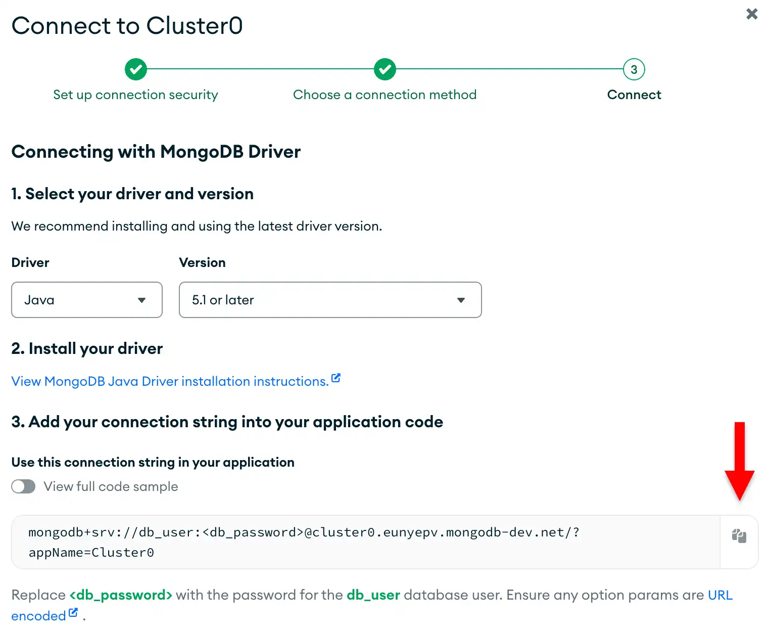 The connection string copy button in the Atlas UI