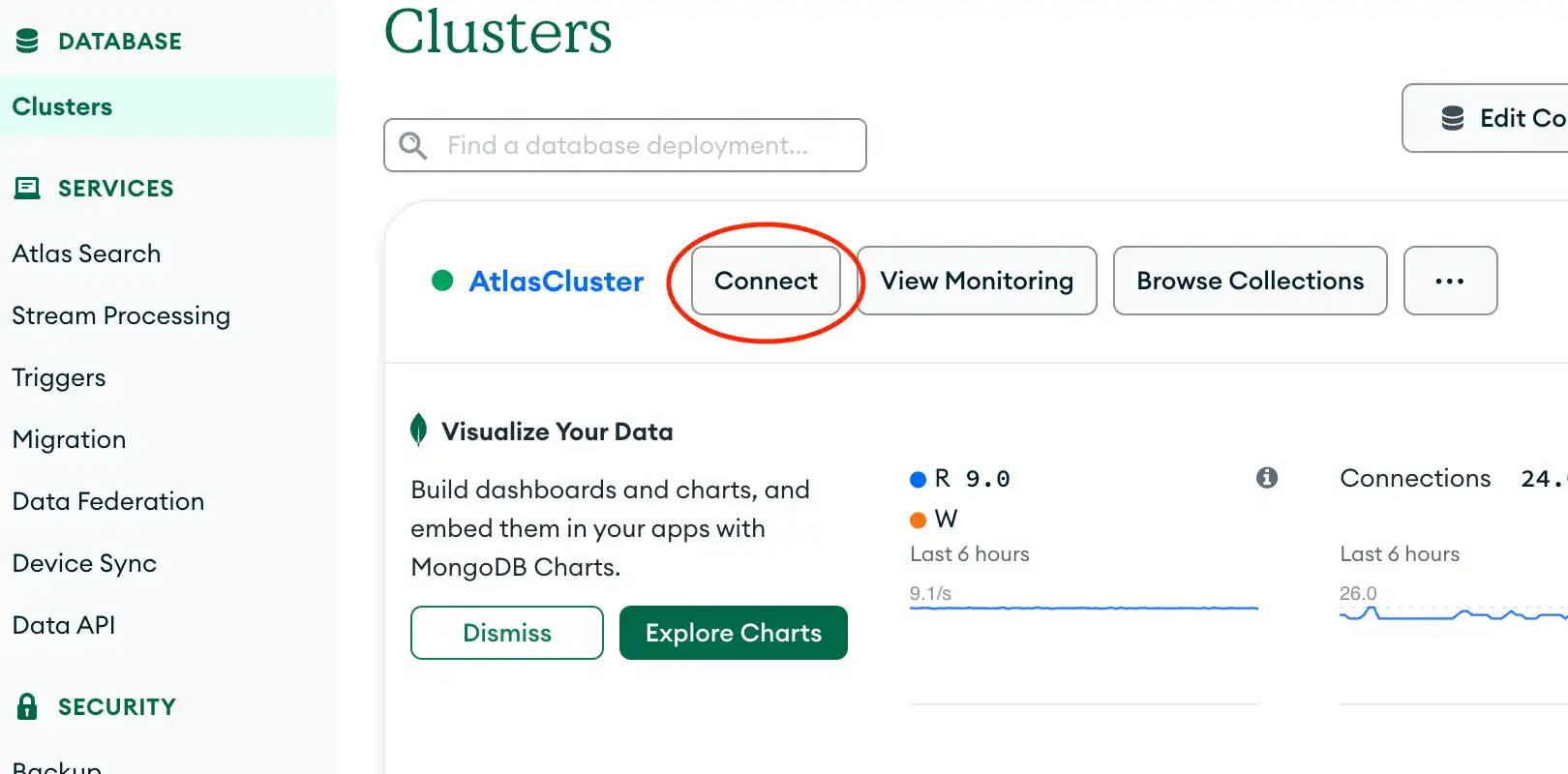 The connect button in the clusters section of the Atlas UI