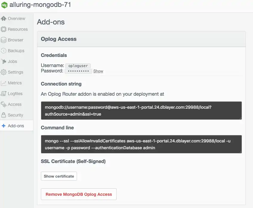 Shows the oplog username and password fields within the
Oplog Access add-on.