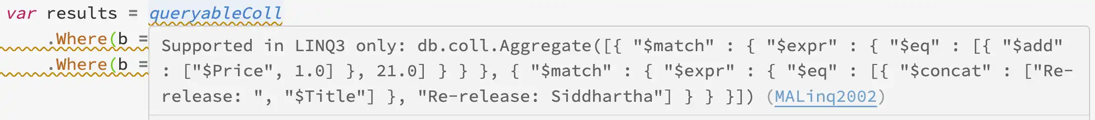 Screenshot of LINQ expression with MALinq2002 rule message
