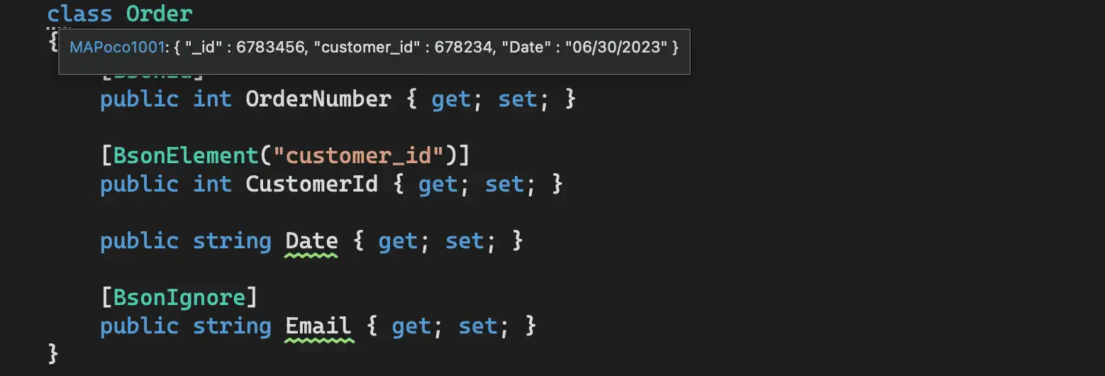 Screenshot of POCO definition with an information message displayed in Visual Studio