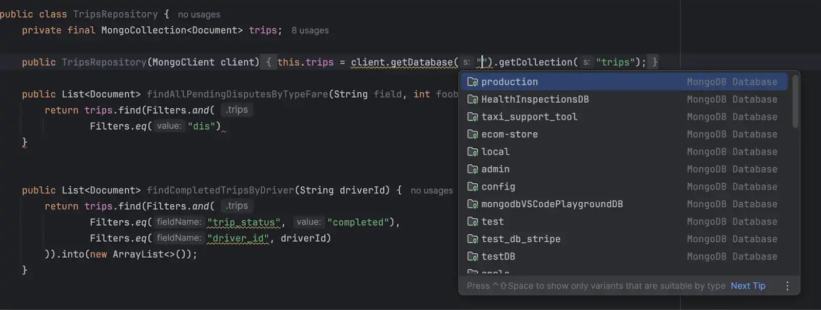 Autocomplete database names in the IntelliJ Plugin.