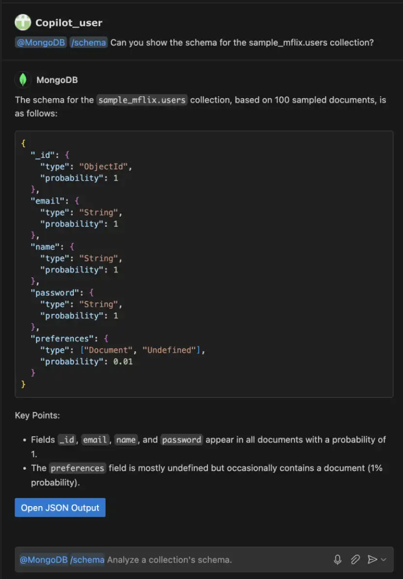 Screenshot of copilot generated a schema description